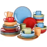 Happyment Marlito Service de table 32 pièces - Céramique - Assiettes à dîner, creuses et à déjeuner - Couleurs vives - Pour 4 personnes