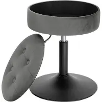Happyment Mini Tabouret de Bar - Gris - 1 pièce - Tabouret rond avec espace de rangement - Tabouret de cuisine - Réglable en hauteur 49-65 cm - Velours - Metal