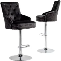 Happyment Barkrukken Luxe Valora - Set de 2 - Avec dossier - Noir - Velours - Réglable en hauteur - Pivotant - Pour la cuisine, le bar ou le salon