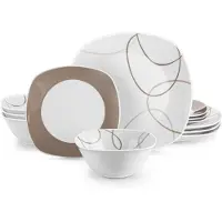 Happyment Celestia Service de table - 12 pièces - 4 personnes - Assiettes plates, assiettes creuses & assiettes à déjeuner - Blanc - Céramique