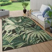 Paco Home Tapis d'extérieur résistant aux intempéries Balcon Palmiers Jungle Motif floral bohème Vert Taille 160 cm Rond