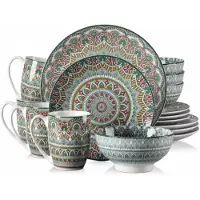 Happyment Rosello Service de table - 16 pièces - 4 personnes - Vert - Assiettes plates - Assiettes creuses - Assiettes petit déjeuner - Service cuisine Céramique