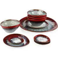 Happyment Service de table Vittoria – 11 pièces – 4 personnes – Rouge lave – Assiettes plates, assiettes creuses et assiettes à dessert