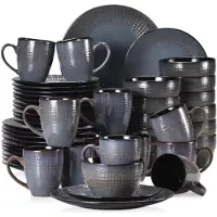 Happyment Vittoria Service de table - 48 pièces - 12 personnes - Assiettes plates, assiettes creuses & assiettes à déjeuner - Gris foncé - Céramique
