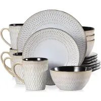 Happyment Velentino Service de table - 16 pièces - 4 personnes - Gris - Assiettes plates, assiettes creuses & assiettes à déjeuner - Vaisselle élégante en céramique