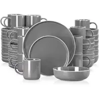 Happyment Service de table Valenza – 48 pièces – 12 personnes – Assiettes plates, assiettes creuses, assiettes à petit-déjeuner et tasses – Gris – Assiettes en céramique