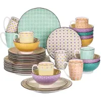 Happyment Crystal Service - Service de table - Color - 8 personnes - 32 pièces - Céramique - Petites assiettes - Présentation colorée