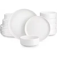 Happyment Silken Service de table - 18 pièces - 6 personnes - Céramique blanche - Assiettes petit déjeuner - Assiettes repas