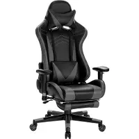 Happyment Fauteuil gaming Luxe – Gris – Avec repose-pieds – Réglable en hauteur – Fauteuil gaming ergonomique – Simili cuir