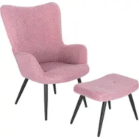 Happyment Fauteuil moderne avec pouf - Fauteuil lounge avec accoudoirs et repose-pieds - Chaise de salon en velours côtelé - Rose