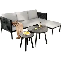 Happyment Loungeset - Ensemble de meubles de jardin - Canapé 3 places avec pouf et 2 tables d'appoint - Tressage de corde épaisse tissé à la main - Acier galvanisé - Beige