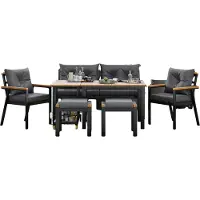 Happyment Tuin Ensemble de salon pour jardin ou terrasse - 7 pièces - Pour 6-7 personnes - Avec fauteuils, banc, tabourets & chariot de service - Housses amovibles & lavables - Bois d'acacia - Gris