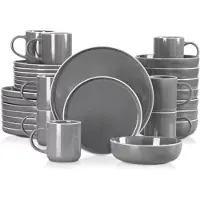 Happyment Belviano Service de table - 32 pièces - 8 personnes - Assiettes plates, assiettes creuses & assiettes à déjeuner - Gris - Céramique
