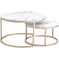 Happyment Luxe Table Basse - Blanc et Or - Look Marmour - Lot de 2 - Style Campagne - Salon - Rond - 80 et 60cm