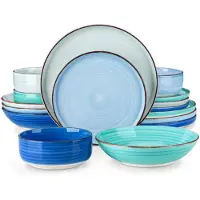 Happyment Sorella Service de table - 16 pièces - 4 personnes - Bleu - Assiettes plates, assiettes creuses & assiettes à déjeuner - Vaisselle en céramique de qualité supérieure