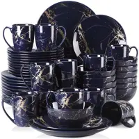 Happyment Vittoria Service de table - 48 pièces - 12 personnes - Design bleu foncé/or - Assiettes plates, assiettes creuses & assiettes à déjeuner - Vaisselle en céramique de qualité supérieure