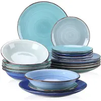 Happyment Service de table Castella – 18 pièces – 6 personnes – Bleu – Assiettes plates, assiettes creuses et assiettes à dessert