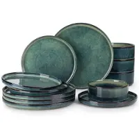 Happyment Azzuro Service de table 12 pièces - 4 personnes - Céramique - Assiettes plates, creuses et à déjeuner - Vert