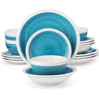 Happyment Montario Service de table - 16 pièces - 4 personnes - Assiettes plates, assiettes creuses & assiettes à déjeuner - bord bleu/blanc - céramique