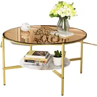 Happyment Table basse Mira - 2 niveaux de verre - Or - Plateau de table brillant & plateau inférieur en pierre - Luxe moderne pour le salon