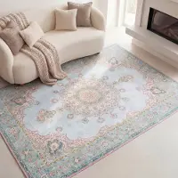FRAAI Tapis vintage - Lily Medallion Bleu Clair | 80x150 cm | Rectangulaire | Tissage plat