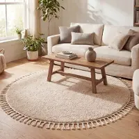 NATURL. Tapis rond à poils longs - Lofty Fringe Beige | Ø 200 cm | Rond | Pile haute