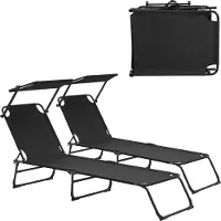 Casa.pro [] Bain de soleil [set de 2] pliable 190cm noir avec toit Chaise longue acier