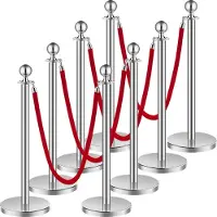 Vevor Colonne de délimitation (8 pièces) avec 4 cordes en velours rouge (1,5 mètre de long), colonne de délimitation en acier inoxydable avec pied rechargeable, pour les foires, Argent