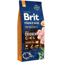 Brit Premium By Nature Senior Small Medium S+M - Nourriture au poulet pour chiens âgés de petites et moyennes races - 15 kg + nourriture humide avec volaille 6x1240 g