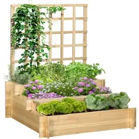 Outsunny Carré potager jardinière à 3 étages avec treillis lit surélevé en bois sans fond pour plantes grimpantes, légumes, fleurs - bois naturel
