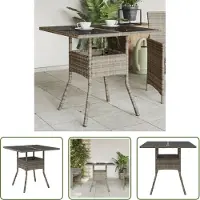 The Living Store Table de jardin avec plateau en verre Gris 80x80x75 cm Poly rotin