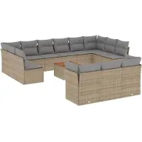 vidaXL Ensemble de salon de jardin 14 pièces avec coussins Beige Poly Rattan