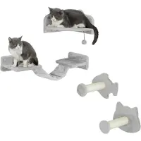 PawHut Kit mur d'escalade pour chats, 4 pièces Meuble pour chats avec marches, échelle, tremplins, arbres à chats, balle de jeu, sisal, pour chats jusqu'à 5 kg, gris clair
