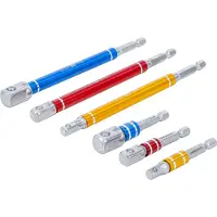 Bgs Jeu d'adaptateurs pour perceuses couleur entraînement six pans extérieurs 6,3 mm (1/4") sortie carré extérieur 6,3 mm (1/4") / 10 mm (3/8") / 12,5 mm (1/2") 75 - 150 mm 6pcs - 74424