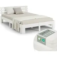 Homestyle4u Lit double en bois 180x200 avec 2 matelas blanc pin Cadre de lit en bois massif sommier à lattes