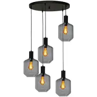 Masterlight Suspension loft 5 lumières - noire - Porto avec des verres à fumée Jagger