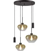 Masterlight Suspension 5 lumières Genua noir avec 2x verre doré Ø 24cm - 1x Ø 29cm et 2x pendentif