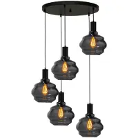 Masterlight Suspension loft 5 lumières - noire - Porto avec verres à fumée Ball - Ø 24cm