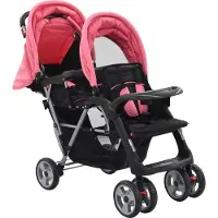 vidaXL Poussette tandem acier rose et noir