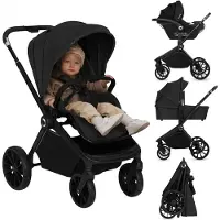 Lionelo Poussette combinée Mika Plus 3en1 jusqu'à 38 mois (22kg), capote XXL avec UPF50+, réglage de la poignée parentale en 3 positions - Black Onyx