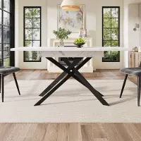 OKWISH Table À Manger - Extensible Avec Pieds Métal Croisé, Plateau MDF Marbre Blanc Pour Cuisine Et Salon, 160 x 80 x 76,5 cm - Blanc