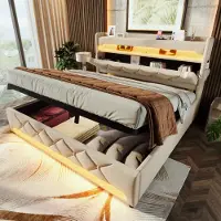 OKWISH Lit coffre 180×200 cm, jeune sans matelas, tête de lit avec rangement, LED, USB et Type-C – beige