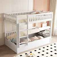 MODFU Lit Superposé 90x200 cm - Lit Coffre Enfant Avec Rangements Intégrés et Barrière, Bois de Pin, Sans Matelas, Blanc