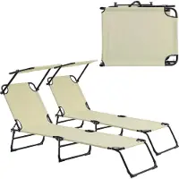 Casa.pro [] Bain de soleil [set de 2] pliable 190cm crème avec toit Chaise longue acier