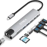 Strex Hub USB C 8 en 1 - Station d'accueil - Séparateur USB - 4K HDMI - USB A - USB C - Ethernet - Micro SD - Compatible avec ordinateur portable, Macbook, Windows