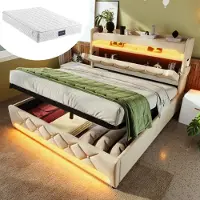 MODFU Lit coffre 140x200 cm - Lit double avec Coffre intégré et Matelas 7 zones, LED décorative et Recharge USB, Lin - Beige