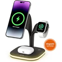 Goliving 5-in-1 Wireless Qi Charging Station - Chargeur sans fil Magsafe - Convient à l'iPhone, à l'Apple Watch et aux Airpods - Comprend une veilleuse à intensité variable et une sortie USB -