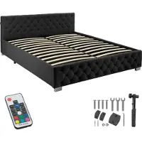TecTake Lit capitonné avec bandes LED et espace de rangement - Aspect velours noir, 180 x 200 cm