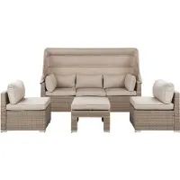 Beliani Salon De Jardin 5 Places En Rotin Marron Clair Avec Toit Pare-Soleil Coccolia