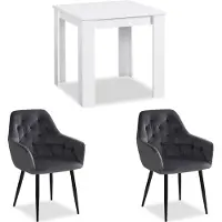 Homestyle4u Table 80x80 cm Group Salle à Manger 2 Chaises Velours Gris Table à Manger en Bois Blanc